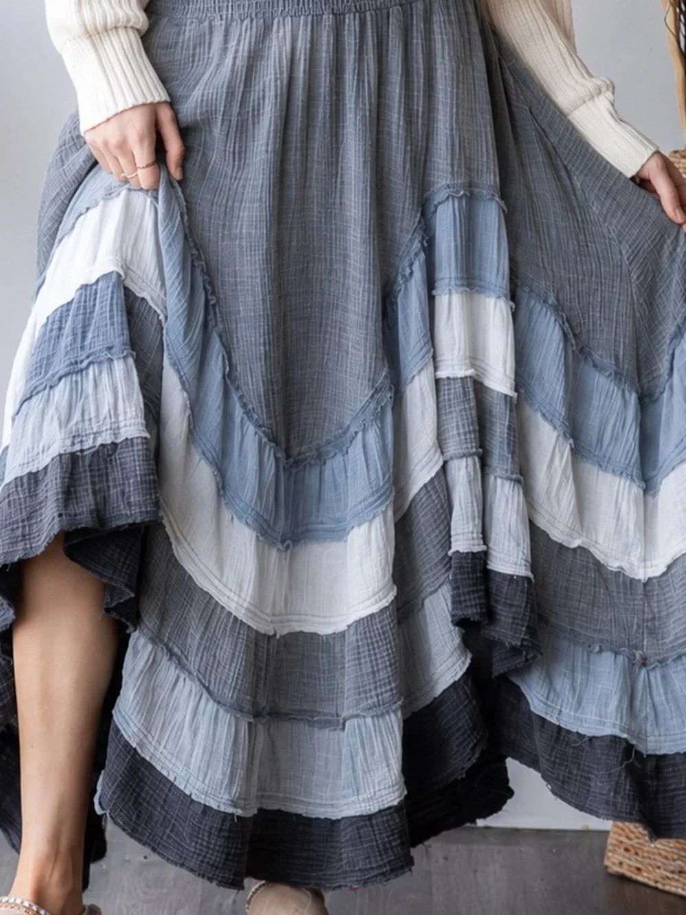 Oli & Hali L Boho Tiered Midi Skirt in Blue and White